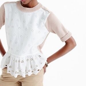 J. Crew White and Blush Eyelet Peplum Short Sleeve Sweater - S